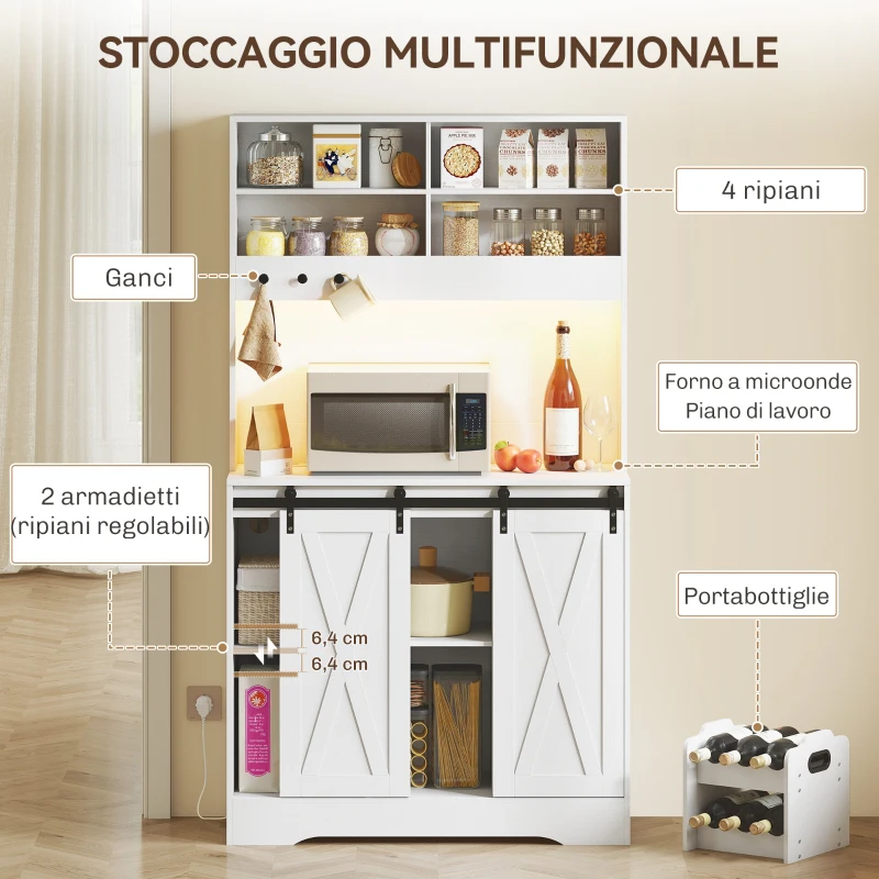 HOMCOM Credenza Cucina con Prese Elettriche, Luce LED, Portabottiglie e Ante Scorrevoli, 100x38x180 cm, Bianco