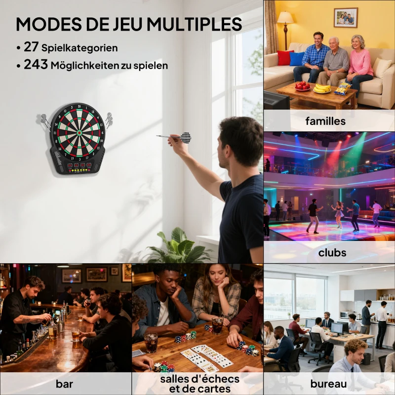 HOMCOM Cible Jeu de flechettes électronique Professionnel 27 jeux 243 variations - Fléchettes pour 1 à 16 joueurs, 6 fléchettes et 24 pointes souples, convient pour les fêtes et les soirées de jeu