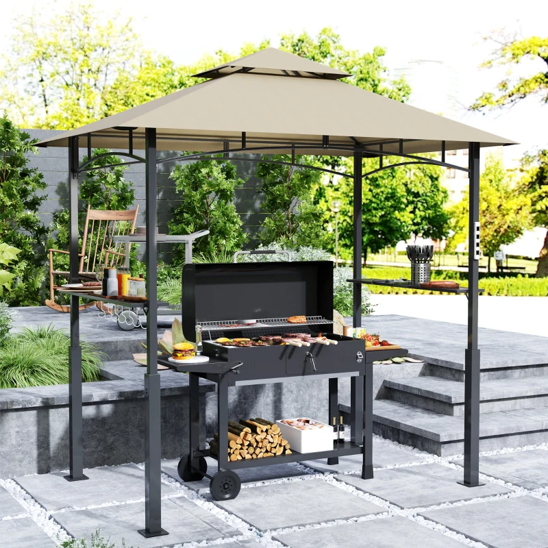 Outsunny Tonnelle de barbecue à deux niveaux auvent de réception pour jardin avec lumière LED 240 x 150 x 250 cm kaki