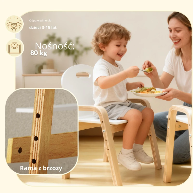 AIYAPLAY zestaw drewnianych krzeseł dla dzieci, antypoślizgowe nakładki na nóżki, 3–15 lat, regulacja wysokości, Biały