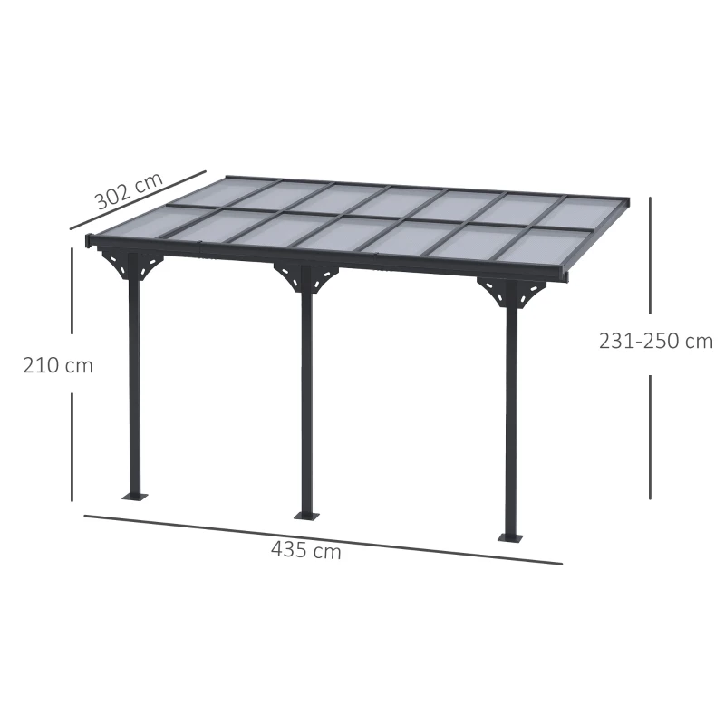 Outsunny Pergola adossée aluminium 4,5 x 3 m avec toit en polycarbonate résistant UV, gouttière intégrée, tonnelle de jardin pour terrasse patio véranda, gris
