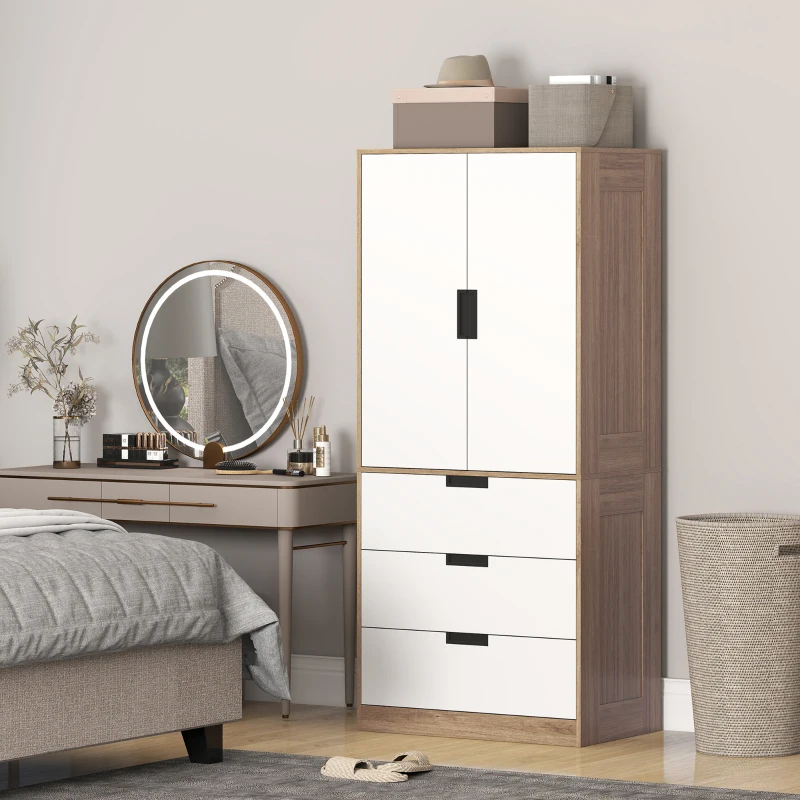 HOMCOM Armoire 2 portes, armoire moderne avec 3 tiroirs et tringle de suspension pour chambre à coucher, marron