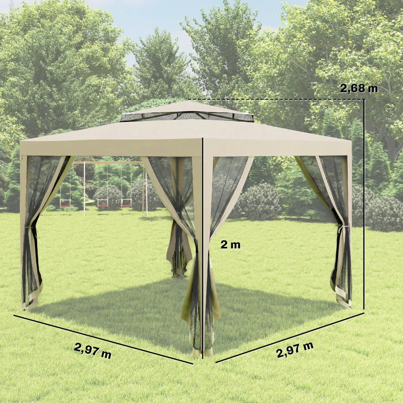 Outsunny Pérgola de Jardim 297x297x268 cm com Redes Mosquiteiras Laterais com Fecho de Correr Teto de Ventilação e 8 Orifícios de Drenagem Bege