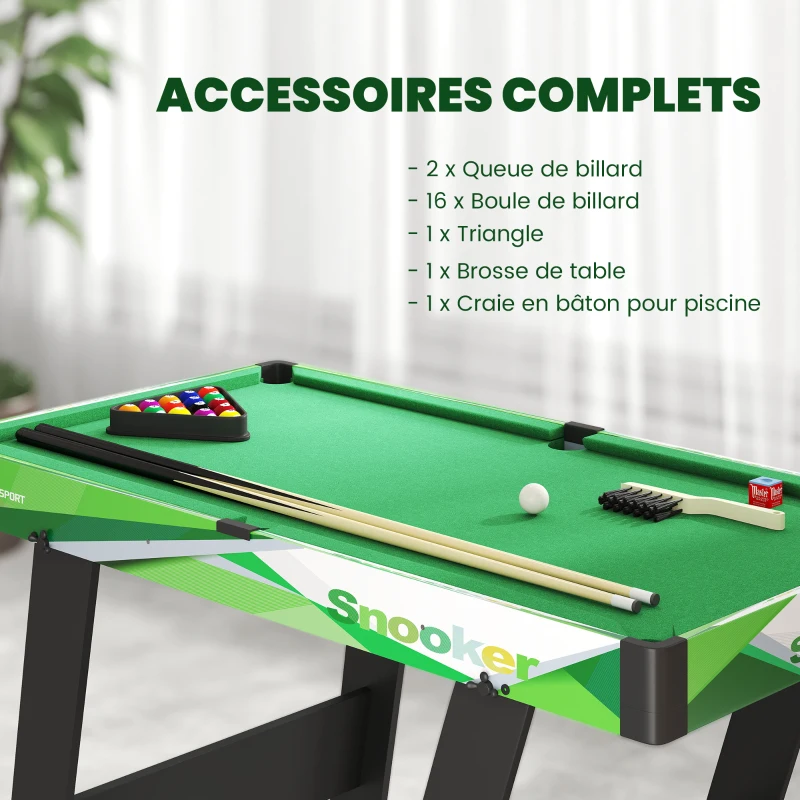 SPORTNOW Table de billard pliable avec accessoires 2 queues, 16 billes, traingle, craie, dim. 104L x 55,5l x 68H cm, tapis vert