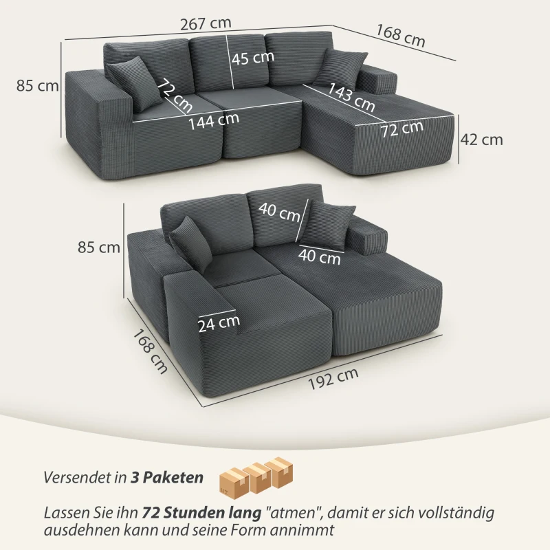 HOMCOM Modulares Ecksofa, L-förmiges Sofa-Bett mit tiefem Sitz, breiten Armlehnen, 2 Kissen, Dunkelgrau