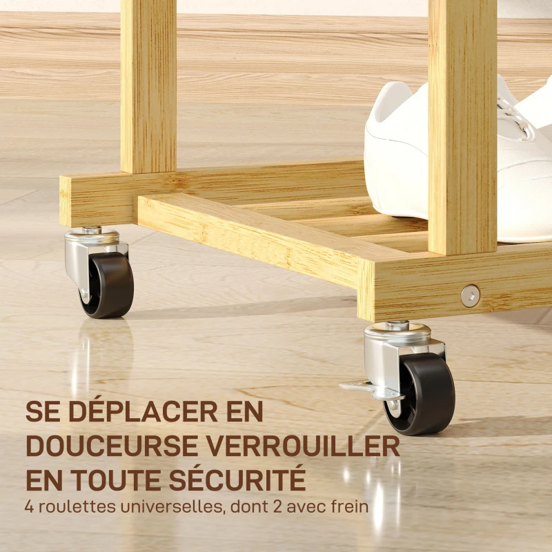 HOMCOM Portant à vêtements à roulettes, porte-manteau double barre en bambou avec étagère inférieure, 80x40x160cm, bois naturel