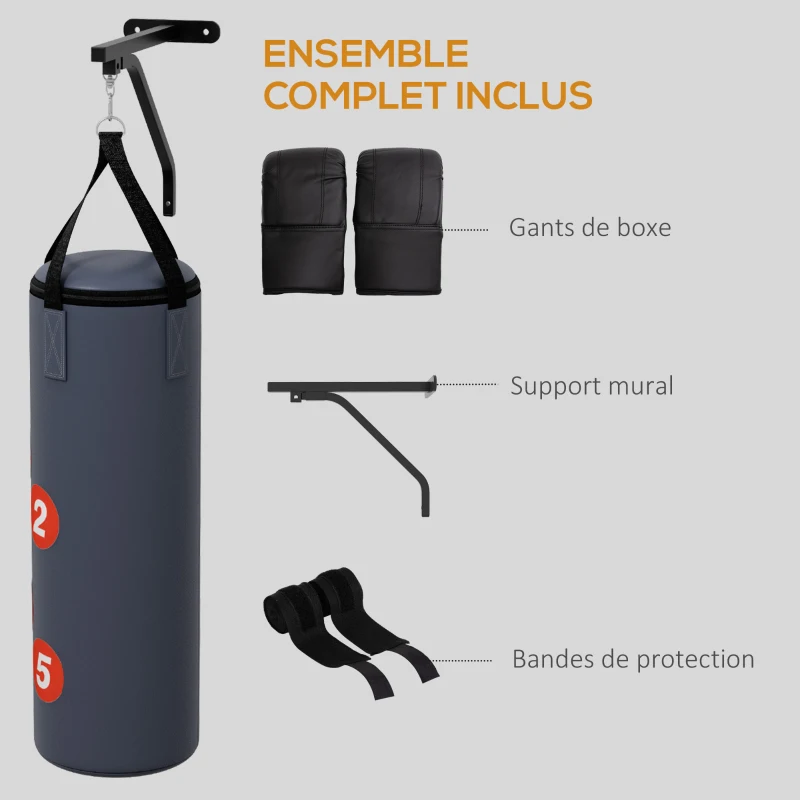 SPORTNOW Sac de frappe avec support mural pour sac de boxe, sac lourd avec gants, bandes pour les mains crochet pivotant à 360°