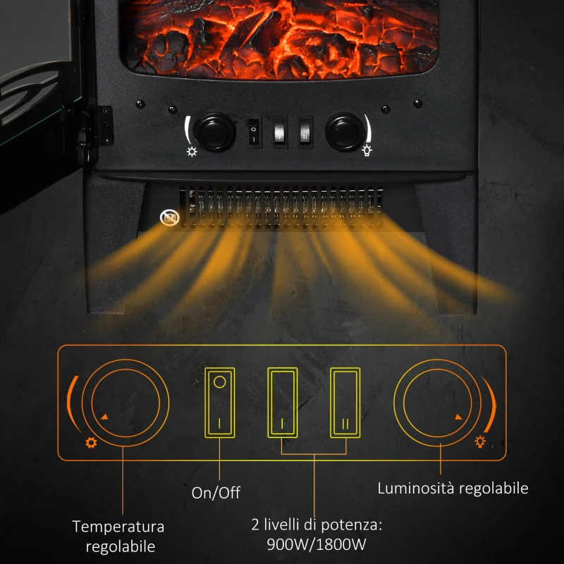 HOMCOM Camino Elettrico Effetto Fiamma e 3 Lati Aperti, Temperatura Regolabile 900W-1800W, Protezione da Surriscaldamento, Copertura 20-25m², 39x26x54.8cm, Nero