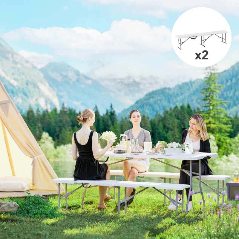 Outsunny Set di 2 panche pieghevoli con maniglia per trasporto in Metallo e HDPE 182 x 28 x 42 cm Bianco