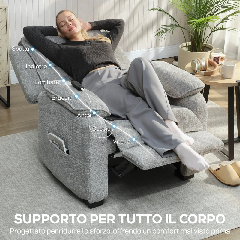 HOMCOM Poltrona Reclinabile 150° Effetto Velluto con Poggiapiedi, Telecomando e Tasca Laterale, 96x90x103 cm, Grigio