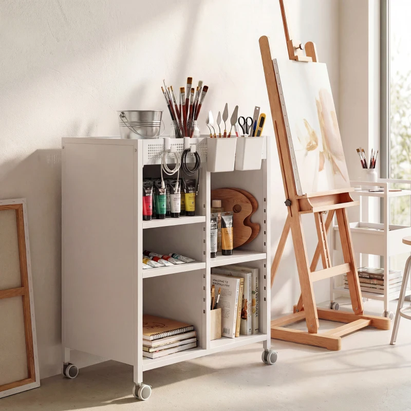 HOMCOM Bücherregal auf Rollen, 4-stufig, verstellbare Regalböden & Hängekörbe für Home Office und Wohnzimmer, Weiß