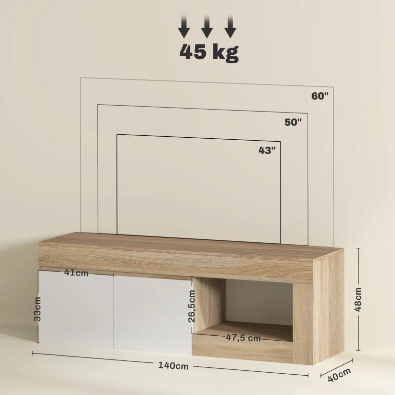 HOMCOM Meuble TV 2 portes pour téléviseurs jusqu'à 60 pouces, meuble télé avec placard et étagère ouverte, effet bois naturel