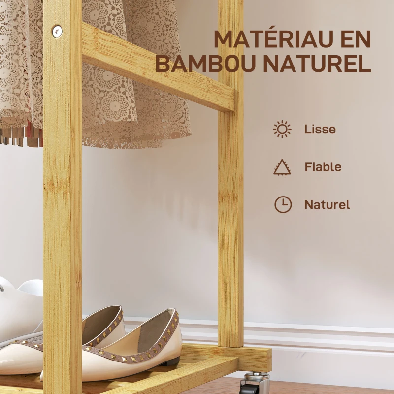 HOMCOM Portant à vêtements à roulettes, porte-manteau double barre en bambou avec étagère inférieure, 80x40x160cm, bois naturel