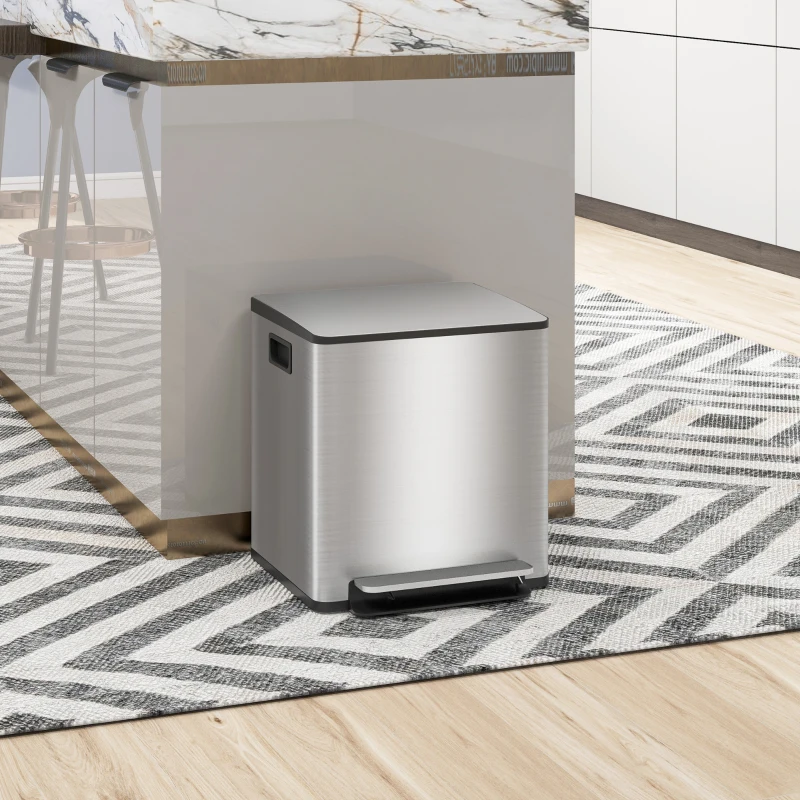 HOMCOM Poubelle de cuisine 2 compartiments de 2 x 15L, avec pédale, en acier inoxydable, couvercle à fermeture douce