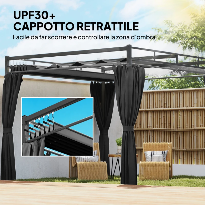 Outsunny Pergola Gazebo 3x3 m con Tetto Scorrevole UV30+ e 4 Pareti Laterali, Grigio Scuro