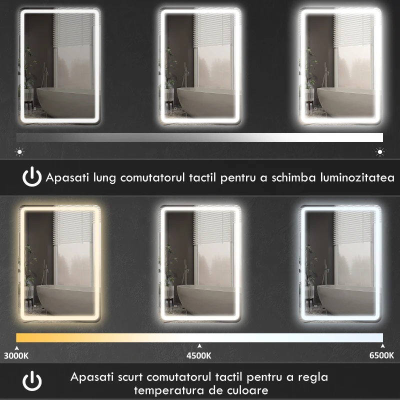 HOMCOM Oglindă de Baie Touch 70x100 cm cu LED 3 Tonuri de Lumină și Antiaburire