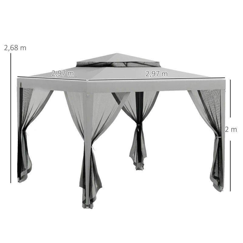 Outsunny Carpa de Jardín 3x3 m Cenador Gazebo con 4 Mosquiteras Laterales Techo Doble 8 Orificios de Drenaje Marco de Metal Gris