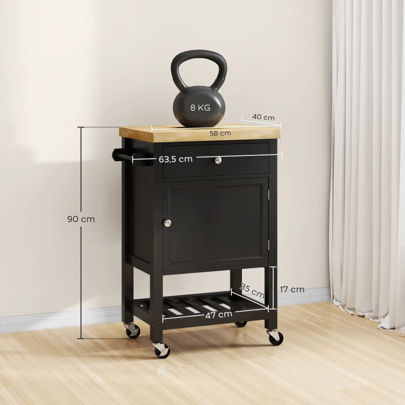 HOMCOM Desserte de cuisine à roulettes, chariot de service, plan de travail en bois d'hévéa, tiroir, 63,5 x 40 x 90 cm, noir