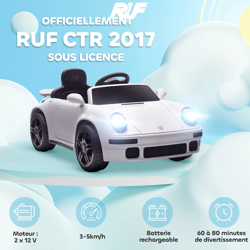 AIYAPLAY Voiture électrique enfants, véhicule électrique 12V, télécommande 2,4G, phares, musique, klaxon, 103 x 55 x 44 cm, blanc