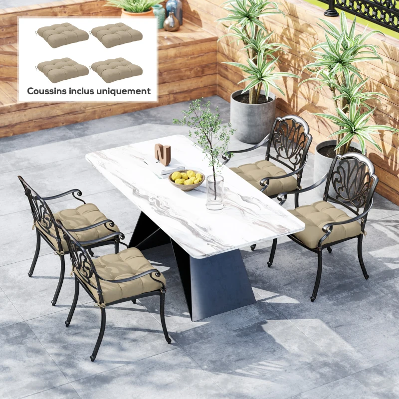 Outsunny Lot de 4 coussins de chaise de jardin, coussins extérieurs capitonné, rembourrage 10 cm avec attaches, 48 x 48 cm kaki
