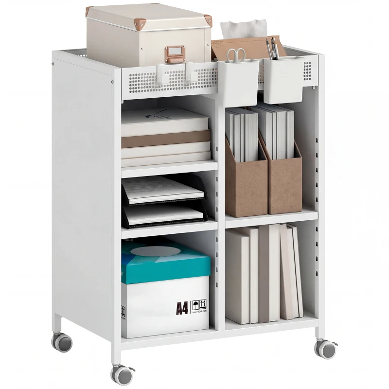 HOMCOM Bücherregal auf Rollen, 4-stufig, verstellbare Regalböden & Hängekörbe für Home Office und Wohnzimmer, Weiß