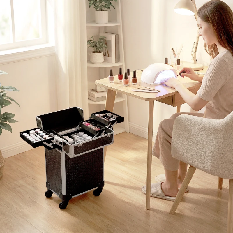 HOMCOM Maleta de Maquillaje Profesional con Ruedas Mango 2 Bandejas Compartimento Inferior Negro