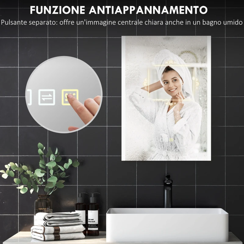 HOMCOM Specchio da Bagno con Luce LED a 3 Colori e Funzione Memory, in Vetro Temperato, 70x50x3 cm, Argento