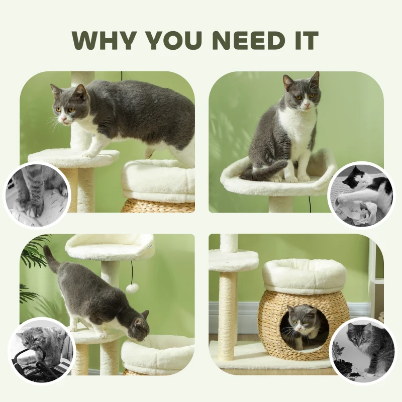 PawHut 79cm Cat Tree, Cat Tower for Indoor Cats with Sisal Scratching Posts, Cat Condo, Cat Beds, Platform, Toy Ball, Cat Activity Centre, Cream White