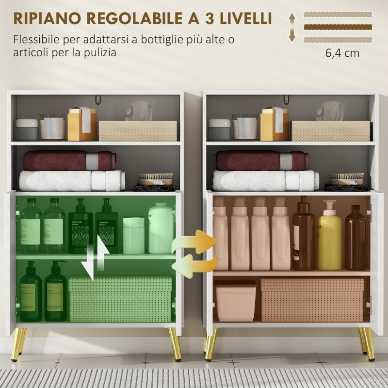 HOMCOM Mobiletto Bagno Moderno con 2 Ripiani Aperti e Armadietto con Ante Ammortizzate, 60x31.8x93 cm, Bianco