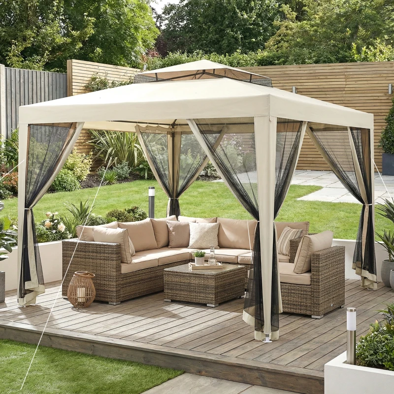 Outsunny Carpa de Jardín 3x3 m Cenador Gazebo con 4 Mosquiteras Laterales Techo Doble 8 Orificios de Drenaje Marco de Metal Beige
