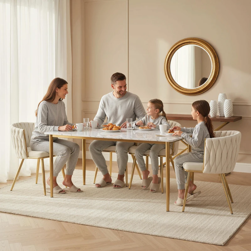 HOMCOM Velvet-Feel Dining Chairs Set of 2, Modern Upholstered Kitchen Chairs with Woven Backrest and Armrests, Metal Legs and Padded Seat for Dining Room, Bedroom, Living Room, Cream