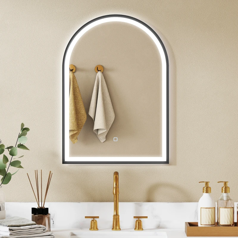 HOMCOM Miroir salle de bain avec éclairage 50 x 70 cm, miroir LED arqué, anti-buée, 3 couleurs lumière, dimmable, mémoire, noir