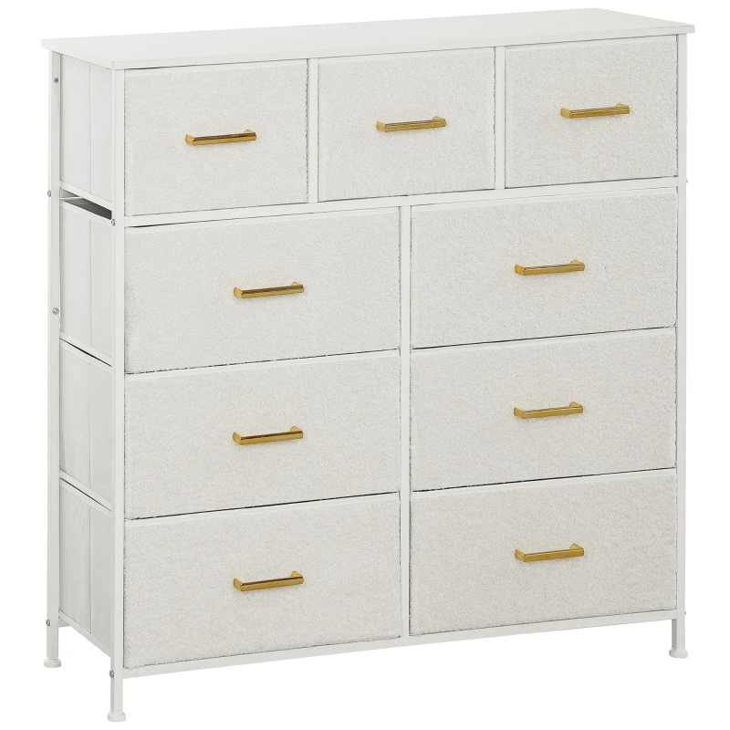 HOMCOM Chest of Drawers, 9 Drawers Boucle Storage Organiser with Steel Frame, Fabric Dresser for Bedroom, Living Room, Hallway, Wardrobe, Cream White