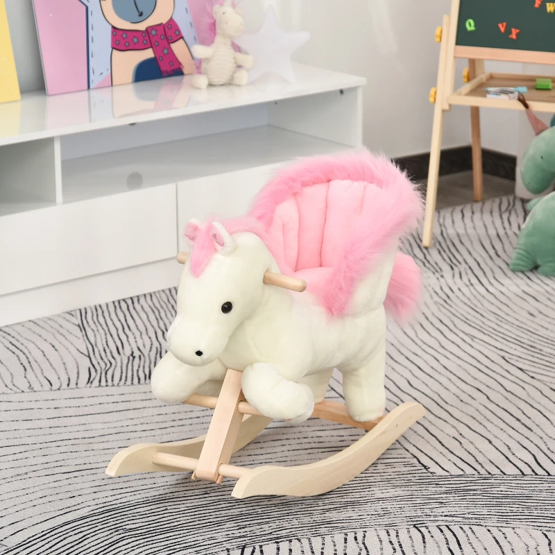 HOMCOM Cheval à Bascule Fonction Musicale Selle Grand Confort Peluche Courte Douce Pour Enfants 18-36 Mois Bois peuplier Blanc et Rose dim. 70L x 28l x 57H cm