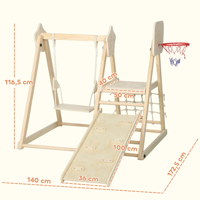 AIYAPLAY Escorrega Infantil 5 em 1 Estrutura de Escalada de Madeira com Escorrega Baloiço Cesto de Basquetebol 140x172,5x116,5 cm Madeira