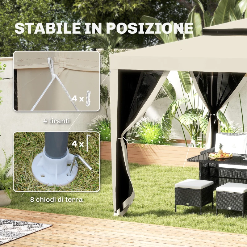 Outsunny Gazebo da Giardino 3x3m con Zanzariera, Doppio Tetto e Telaio in Metallo, Beige