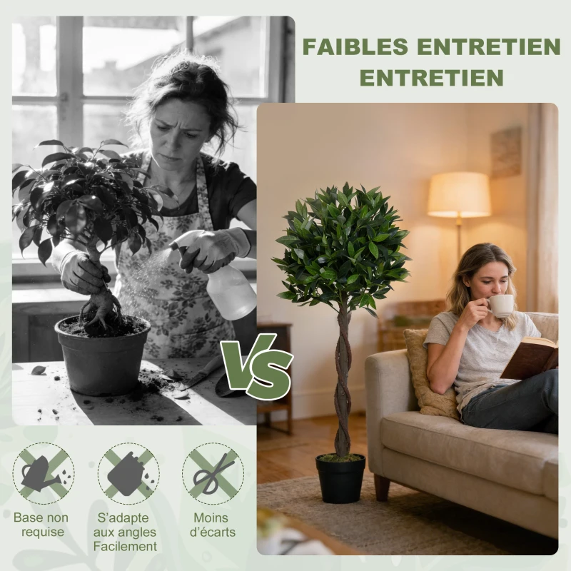 Outsunny Lauriers artificiels topiaires 1,20H m - Lot de 2 lauriers Boules artificiels - 741 Feuilles réalistes par Pied - Tronc Liane - Pot Inclus Noir Vert