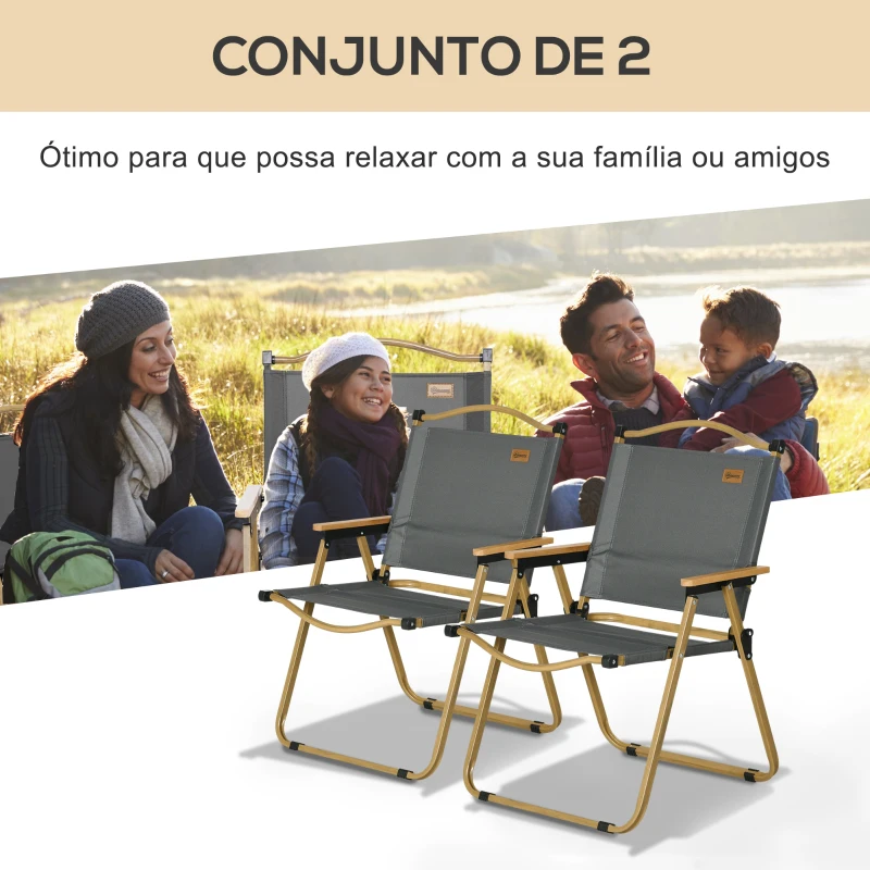 Outsunny Conjunto de 2 Cadeiras Dobráveis de Campismo Cadeiras Portáteis com Apoios de Braços e Estrutura em Aço Cadeiras para Pesca 54x59x78 cm Cinzento Escuro