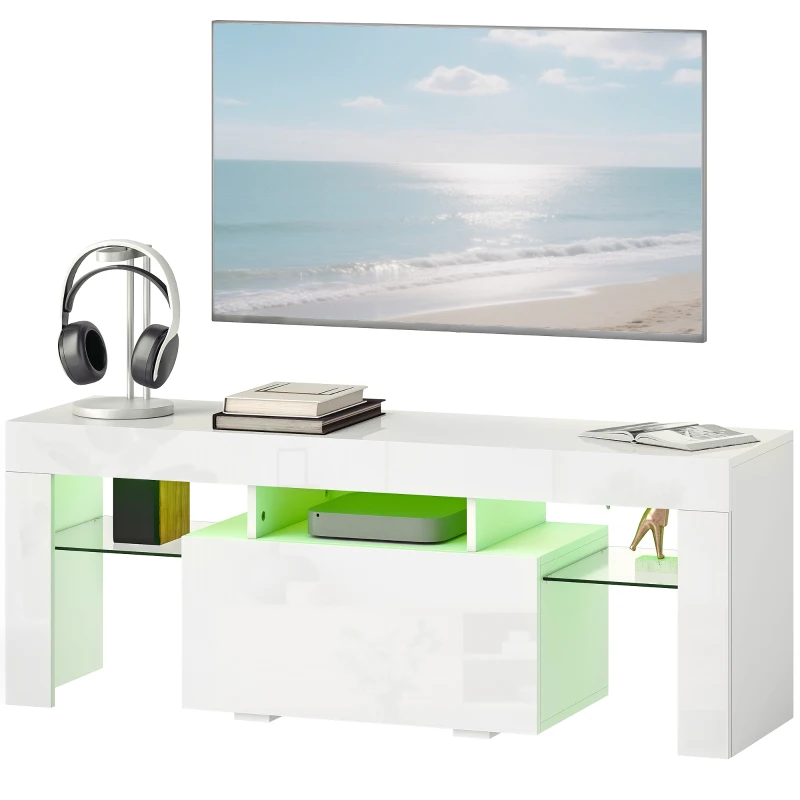 HOMCOM Meuble TV, meuble télé avec éclairage LED RGB, haute brillance, étagères en verre trempé, 120x34x45cm, blanc