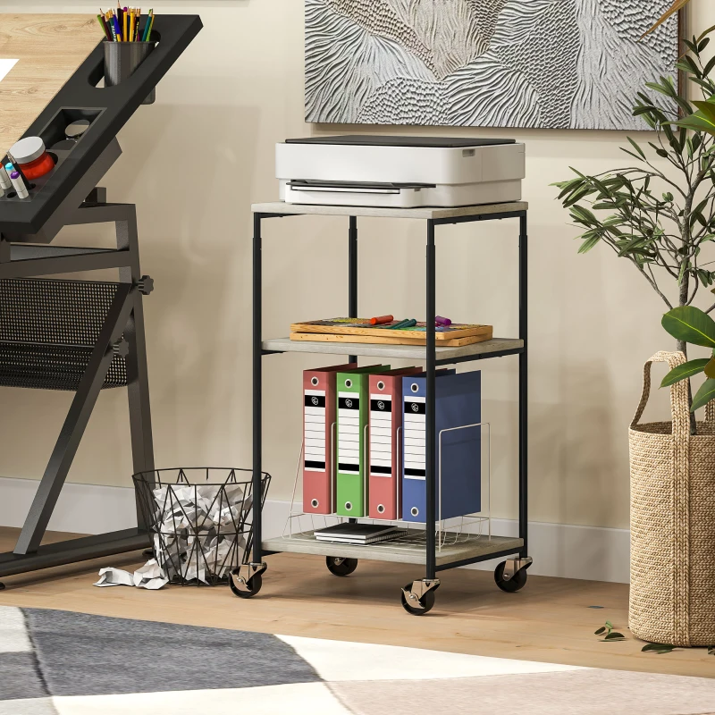 HOMCOM Support d'imprimante à 3 niveaux meuble pour imprimante sur roulettes hauteur réglable cadre en acier effet bois gris