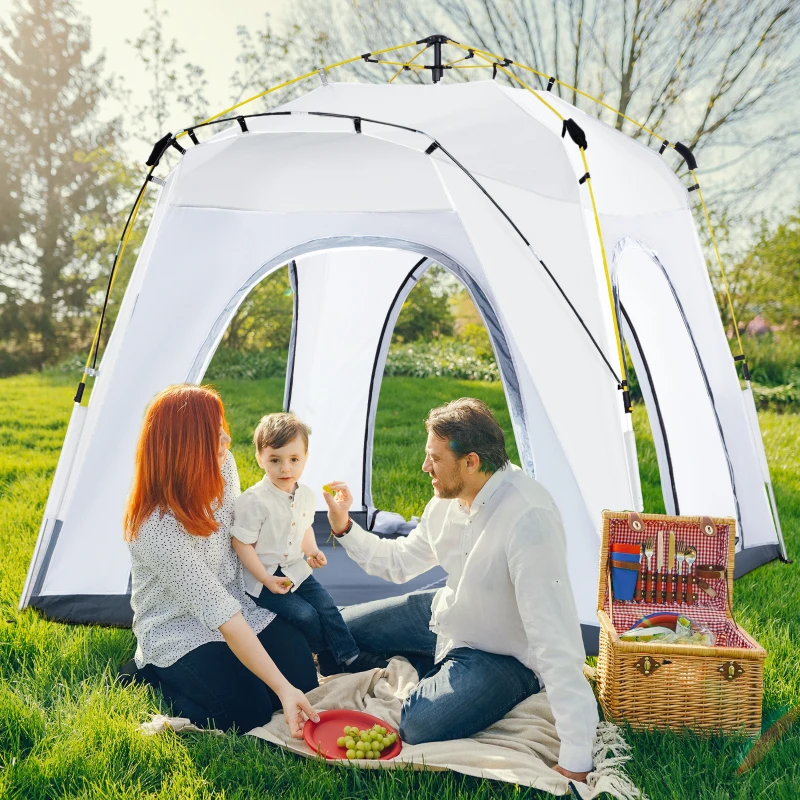 Outsunny Tente de camping, tente pop up dôme familiale 4 personnes, avec 4 portes 4 fenêtres sac de transport inclus pour le camping randonnée blanc gris
