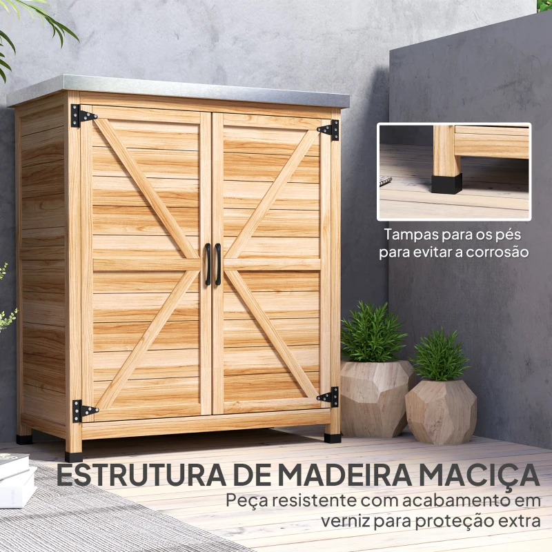 Outsunny Armário de Exterior em Madeira com Tampo de Aço Galvanizado Prateleira 2 Portas  para Armazenamento de Ferramentas 79x43x92 cm Madeira