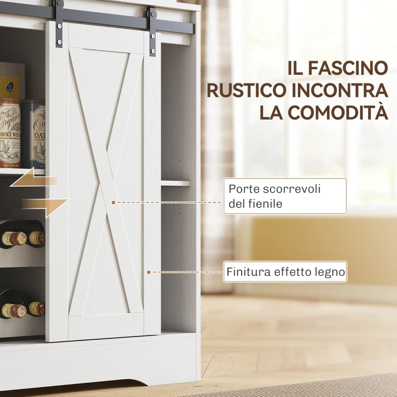 HOMCOM Credenza Cucina con Prese Elettriche, Luce LED, Portabottiglie e Ante Scorrevoli, 100x38x180 cm, Bianco