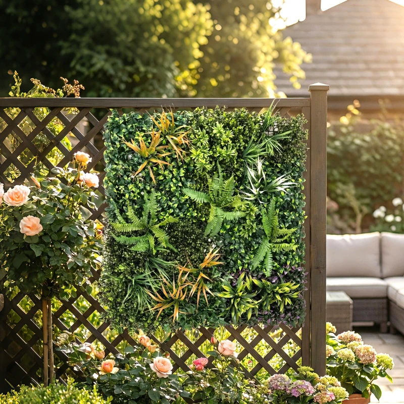 Outsunny Panneaux de mur végétal, 100 x 100 cm décoration de mur végétal artificiel avec colliers de fixation, fond vert, vert