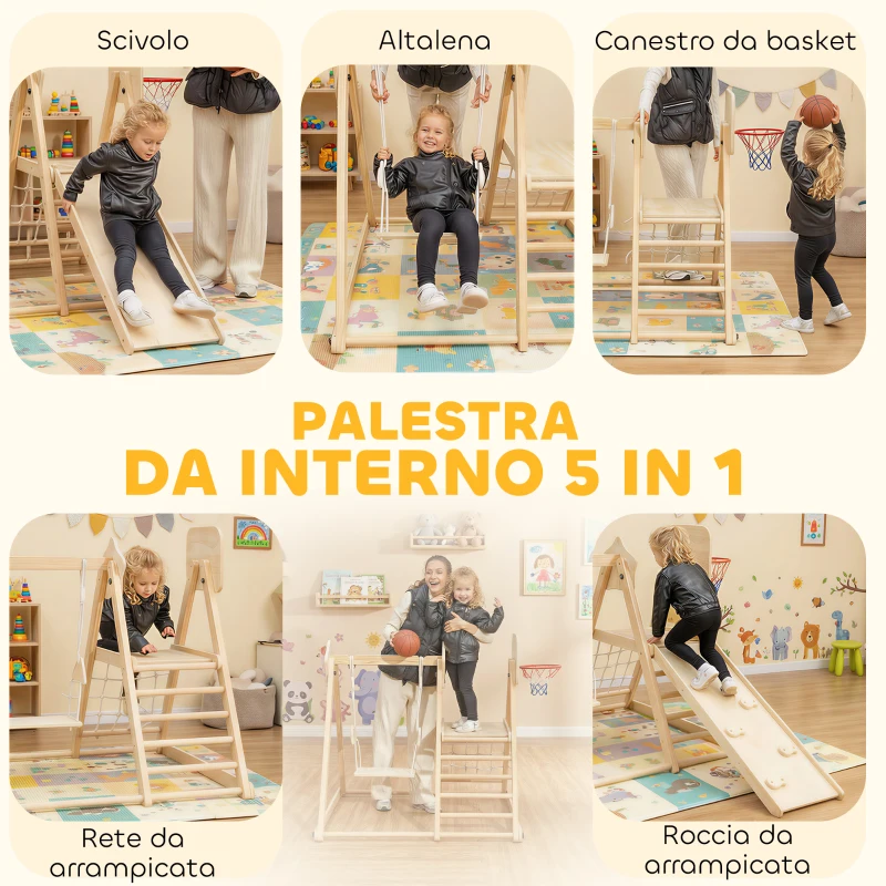 AIYAPLAY Gioco Arrampicata 5 in 1 Pieghevole con Scivolo, 2 Pareti, Altalena e Canestro, in Legno, 140x172.5x116.5 cm