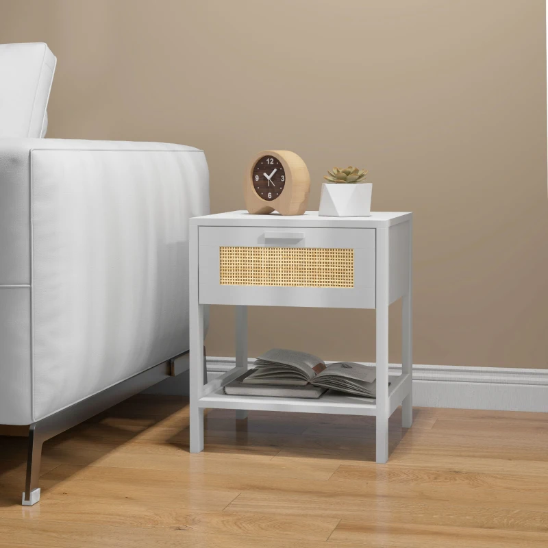 HOMCOM Table de chevet table de nuit avec tiroir et étagère, cannage en rotin, dim. 40L x 40l x 48H cm blanc