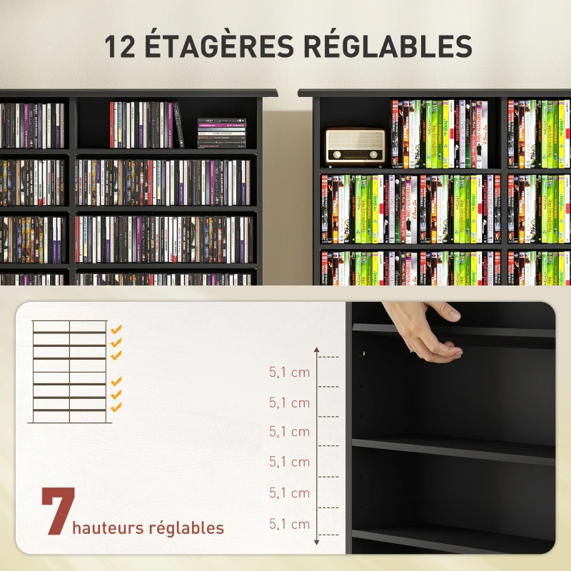 HOMCOM Rangements pour CD et DVD avec 16 compartiments et 12 étagères réglables capacité max. 720 CD/396 DVD et Blu-ray noir(m-5)