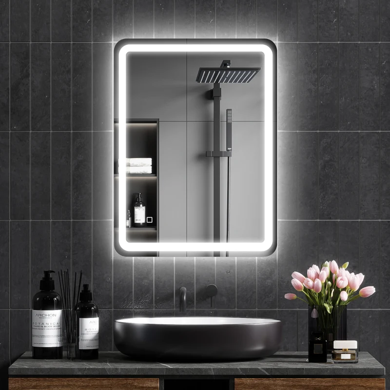 HOMCOM Miroir de salle de bain 60 x 80 cm, miroir LED mural avec 3 couleurs lumière, dimmable, mémoire, anti-buée, argent