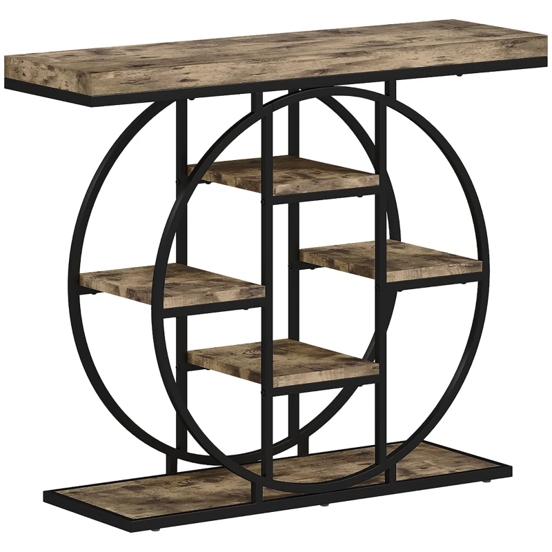 HOMCOM Industrial Console Table with Storage Shelves - Rustic Brown
