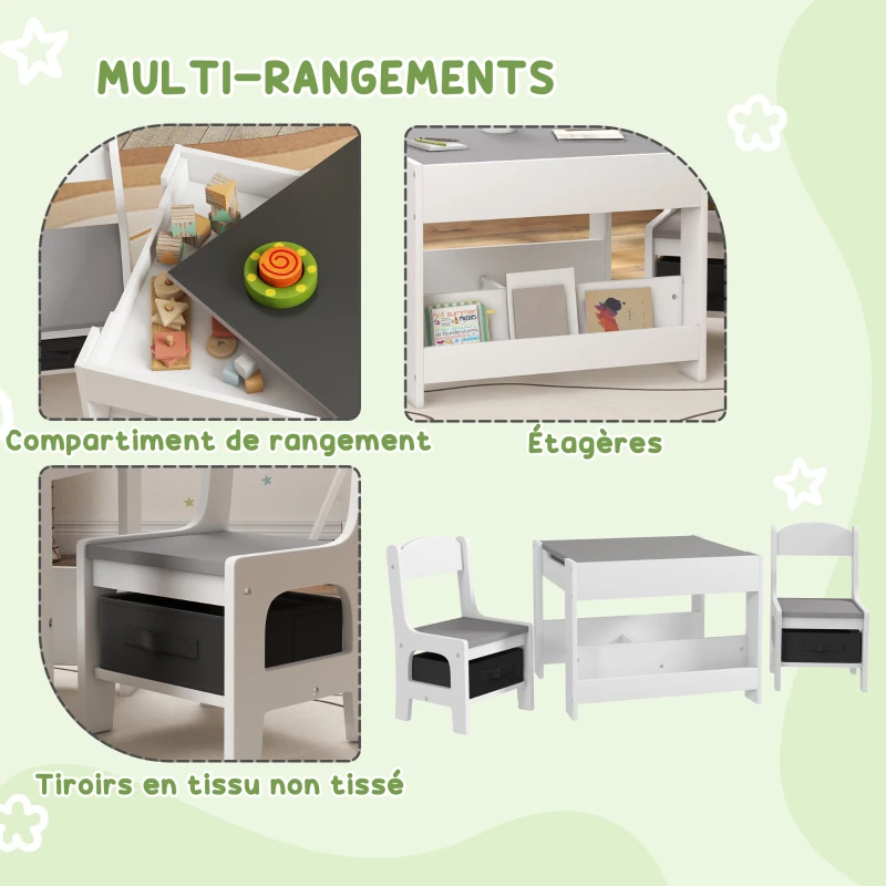 HOMCOM Ensemble 3 pièces table et 2 chaises pour enfant avec plateau réversible tableau noir, panier de rangement, étagères
